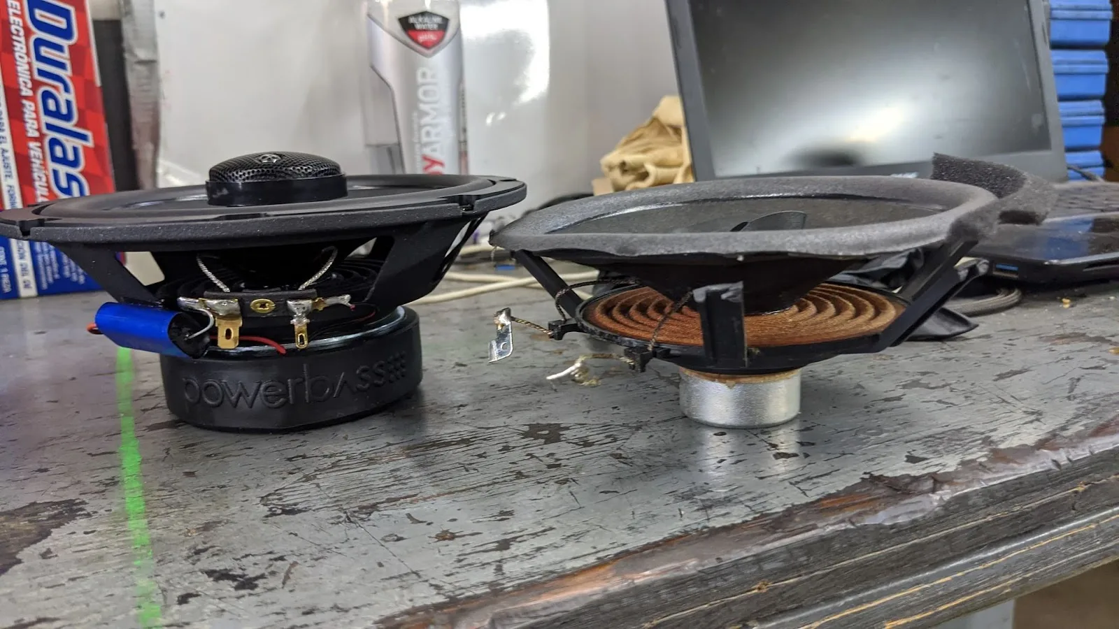 Marine grade UTV speakers on the workbench during an audio install at TMT Offroad in Williston, FL